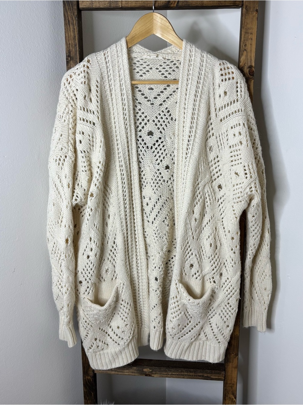 Kye Mi Cream Open-Knit Pocket Cardigan Sweater Size S